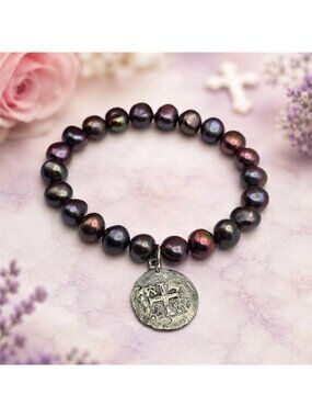 Natural Peacock Freshwater Pearl Jeremiah 29:11 Coin Charm Stretch Bracelet 7 in